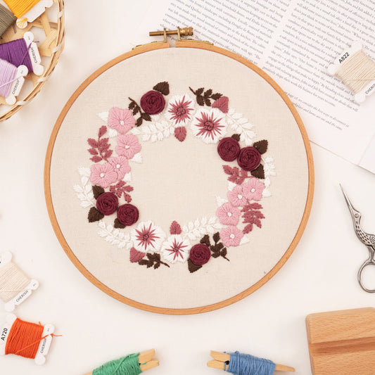 HKM-824595 3D Floral & Leaf Embroidery DIY Material Pack with Printed Cotton, Threads, Needles, and Tutorial