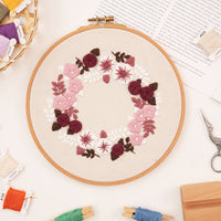 HKM-824595 3D Floral & Leaf Embroidery DIY Material Pack with Printed Cotton, Threads, Needles, and Tutorial