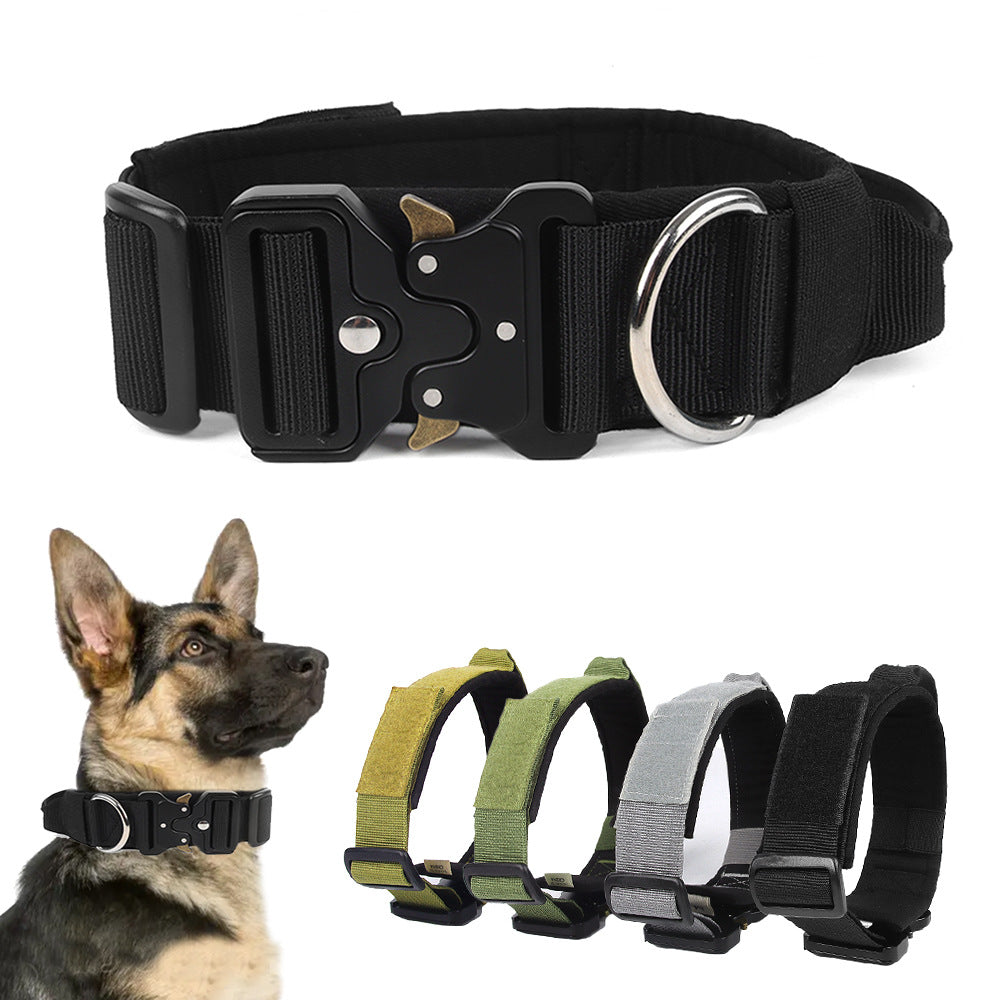 HKM-8249021 Heavy-Duty Tactical Pet Collar for Large Dogs - Adjustable Sizes in Black, Gray, Army Green, and Khaki