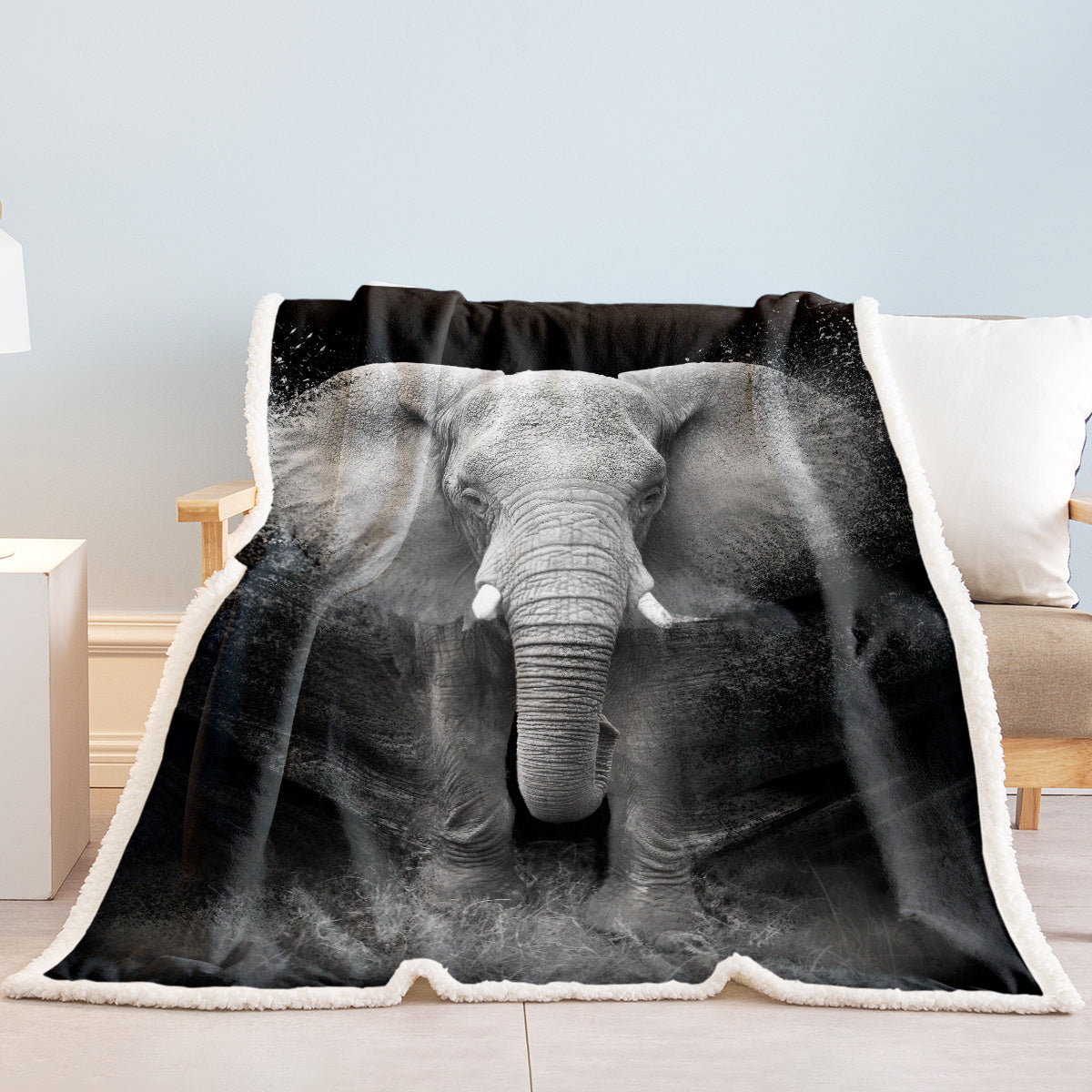 HKM-824915 Reversible 3D Elephant Sherpa Fleece Blanket, Soft Flannel for Couch or Bed, 130x150cm, 150x200cm