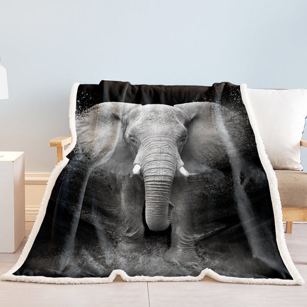 HKM-824915 Reversible 3D Elephant Sherpa Fleece Blanket, Soft Flannel for Couch or Bed, 130x150cm, 150x200cm