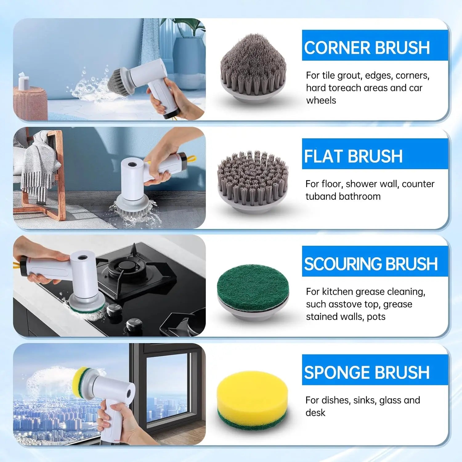 HKM-825491 Electric 4-in-1 Kitchen and Bathroom Cleaning Brush with Spin Scrubber for Efficient Dishwashing and Sink Cleaning