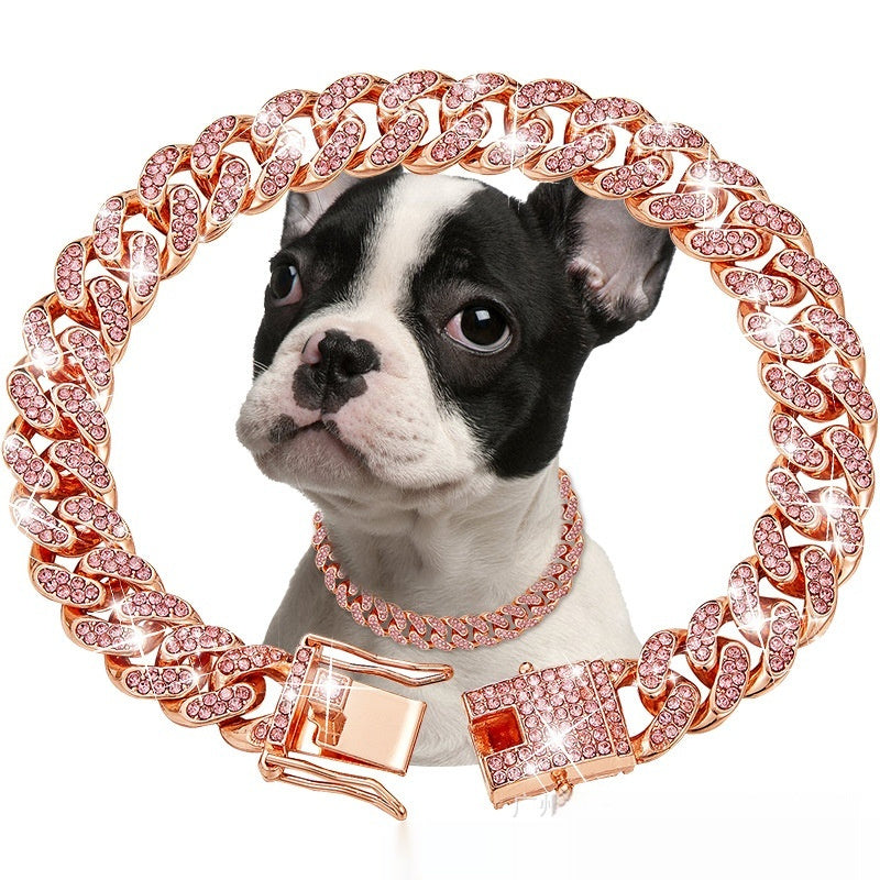 HKM-8255421 Pet Diamond Collar Cuban Link Chain for Small to Large Dogs and Cats - Available in Gold, Silver, and More