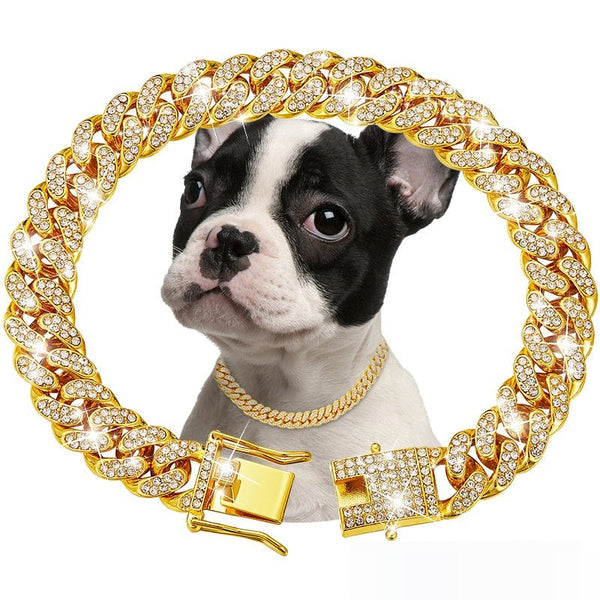 HKM-8255421 Pet Diamond Collar Cuban Link Chain for Small to Large Dogs and Cats - Available in Gold, Silver, and More