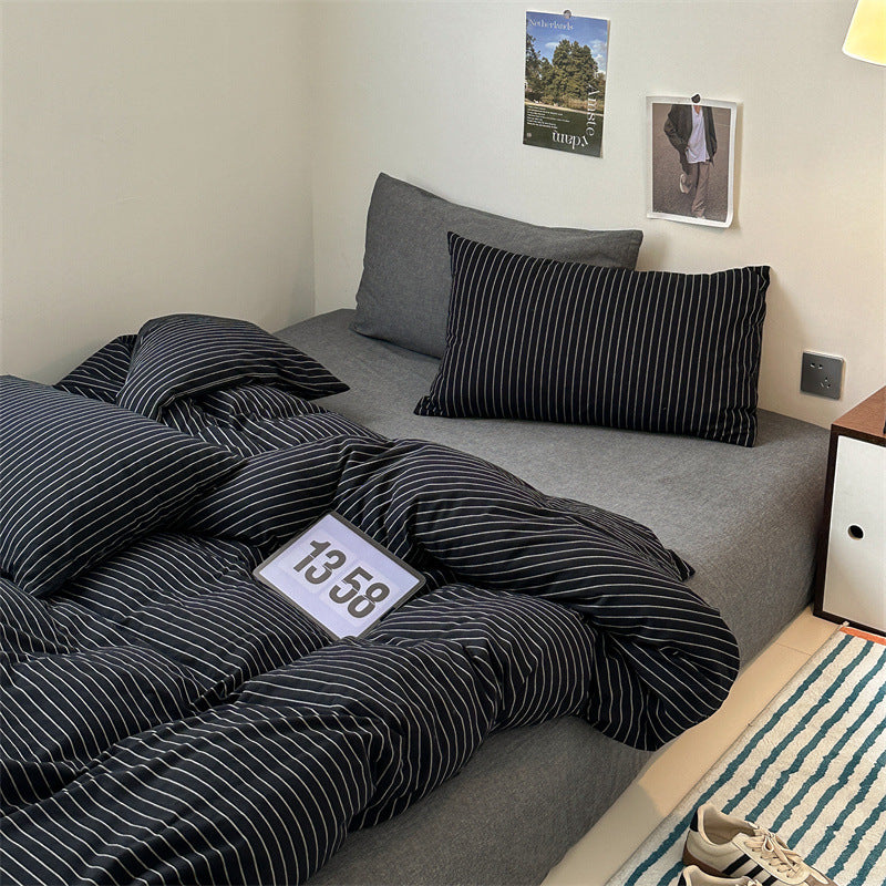 HKM-825555 Cotton Retro Pinstripe Four-Piece Bedding Set for Standard and Plus-Sized Duvets