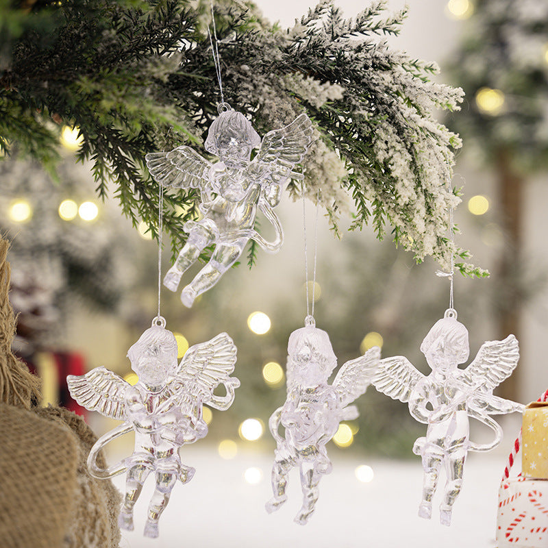 HKM-825875 Transparent Acrylic Angel Ornaments Set - 4 Pieces for Christmas Decor
