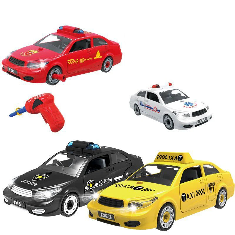 HKM-826003 DIY Assembly Vehicle Toy Set - Taxi, Police Car & Fire Truck with Electric Screwdriver for Kids Ages 3+
