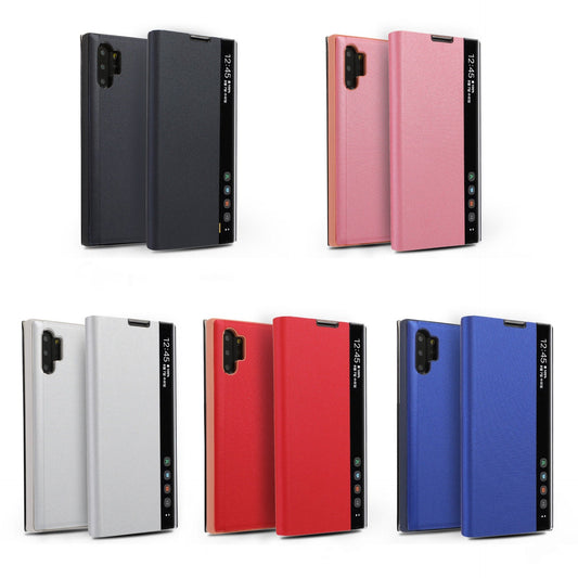 HKM-826003 Samsung Smart Flip Leather Case with Side Window - Available in Cool Black, Cherry Blossom Pink, Temperament Silver, and Sky Blue