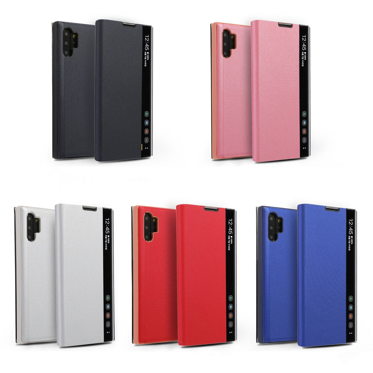 HKM-826003 Samsung Smart Flip Leather Case with Side Window - Available in Cool Black, Cherry Blossom Pink, Temperament Silver, and Sky Blue