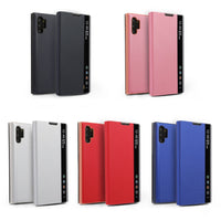 HKM-826003 Samsung Smart Flip Leather Case with Side Window - Available in Cool Black, Cherry Blossom Pink, Temperament Silver, and Sky Blue