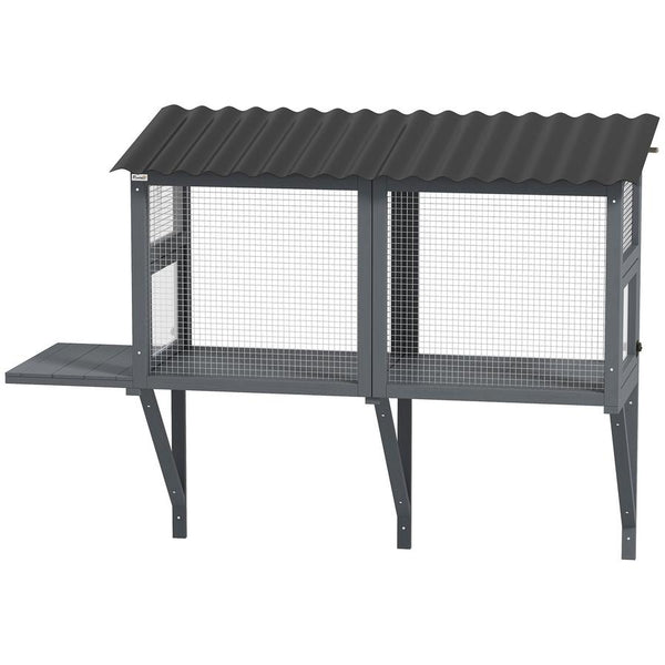 HKM-826067 Gray Wooden Cat Catio with Window Perch and Jumping Platform for Indoor Cats Enjoying Outdoor Views