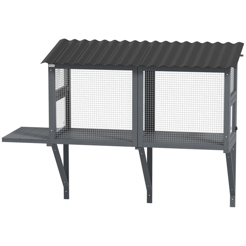 HKM-826067 Gray Wooden Cat Catio with Window Perch and Jumping Platform for Indoor Cats Enjoying Outdoor Views