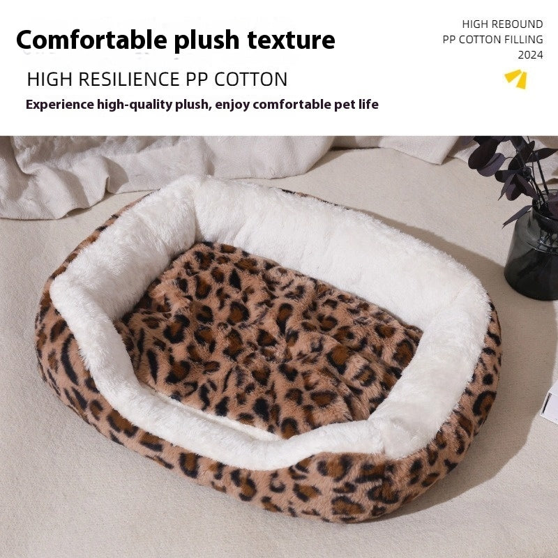 HKM-8261821 Four Seasons Universal Warm Thickened Pet Bed for Cats and Dogs in Leopard Print