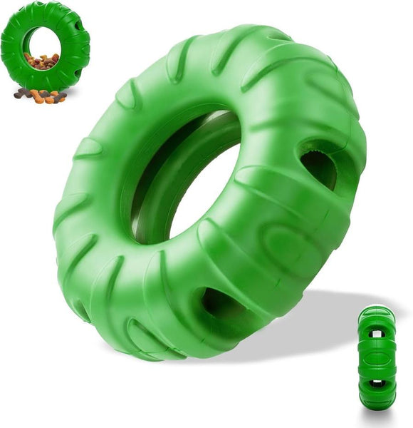 HKM-826259 Durable Natural Rubber Dog Chew Toy with Beef Flavor, Interactive Food Dispensing Tire Shape for Medium to Large Dogs