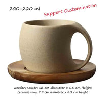 HKM-826323 Japanese Ceramic Coffee Mug with Wooden Saucer - Elegant Porcelain Tea Cup Set