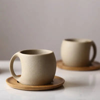HKM-826323 Japanese Ceramic Coffee Mug with Wooden Saucer - Elegant Porcelain Tea Cup Set