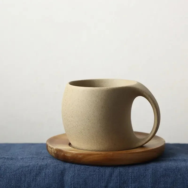 HKM-826323 Japanese Ceramic Coffee Mug with Wooden Saucer - Elegant Porcelain Tea Cup Set