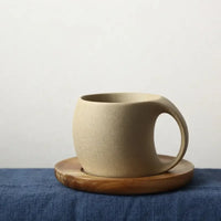 HKM-826323 Japanese Ceramic Coffee Mug with Wooden Saucer - Elegant Porcelain Tea Cup Set