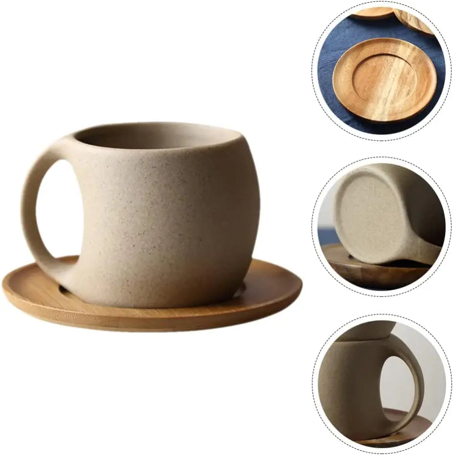 HKM-826323 Japanese Ceramic Coffee Mug with Wooden Saucer - Elegant Porcelain Tea Cup Set