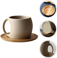 HKM-826323 Japanese Ceramic Coffee Mug with Wooden Saucer - Elegant Porcelain Tea Cup Set