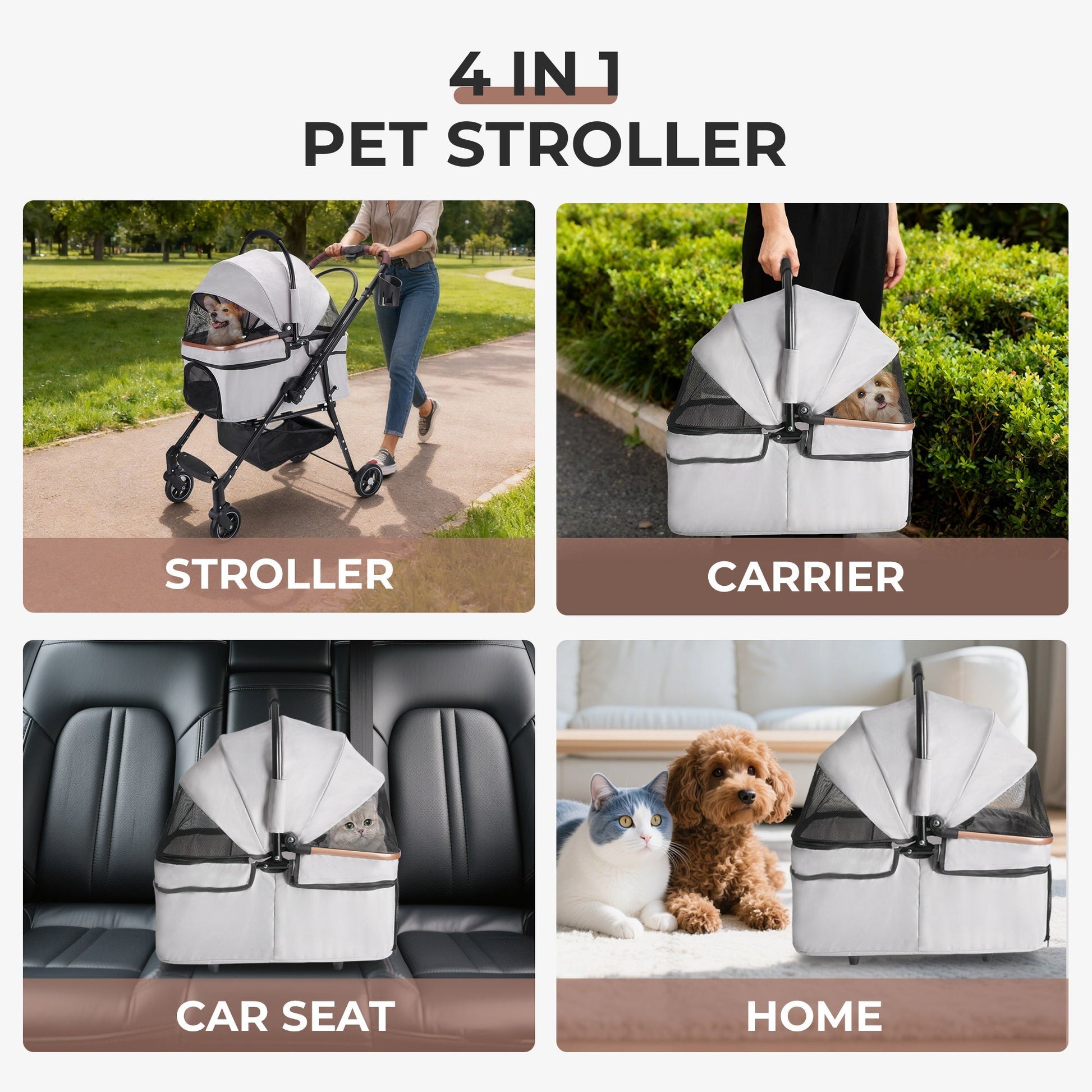 HKM-8264765 Foldable 4-Wheel Pet Stroller with 360° Rotating Wheels, Detachable Carrier, and Travel Bag for Small Dogs and Cats