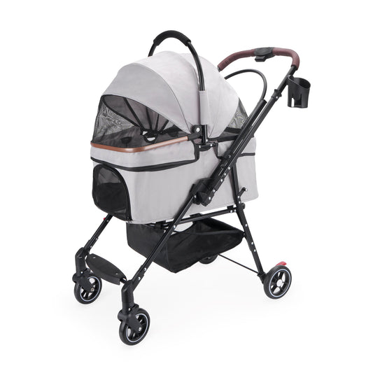 HKM-8264765 Foldable 4-Wheel Pet Stroller with 360° Rotating Wheels, Detachable Carrier, and Travel Bag for Small Dogs and Cats