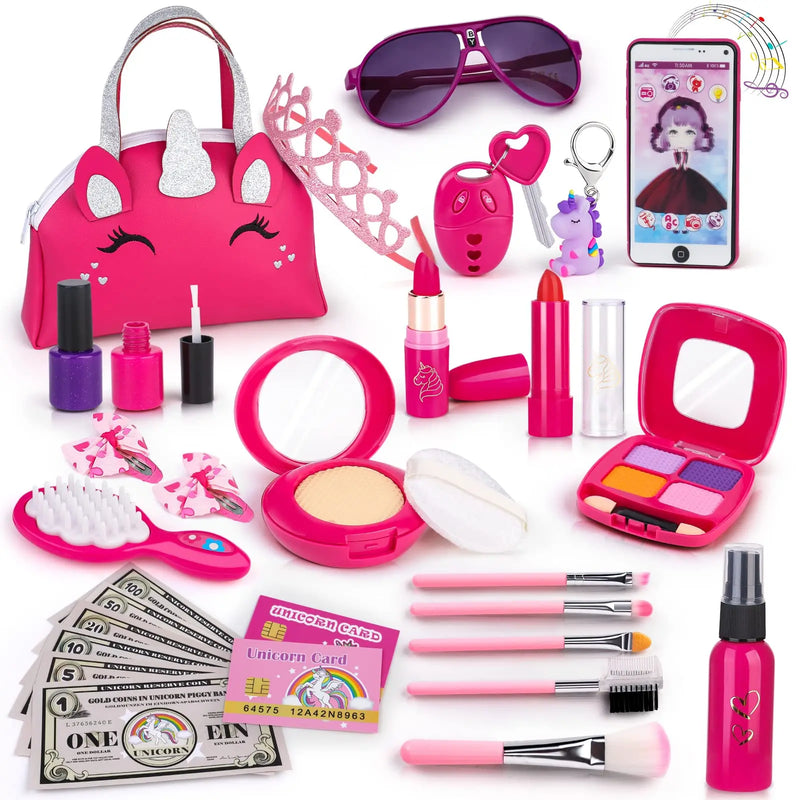HKM-826579 Unicorn Makeup Toy Kit for Kids - Pretend Play Purse Set for Ages 2-7