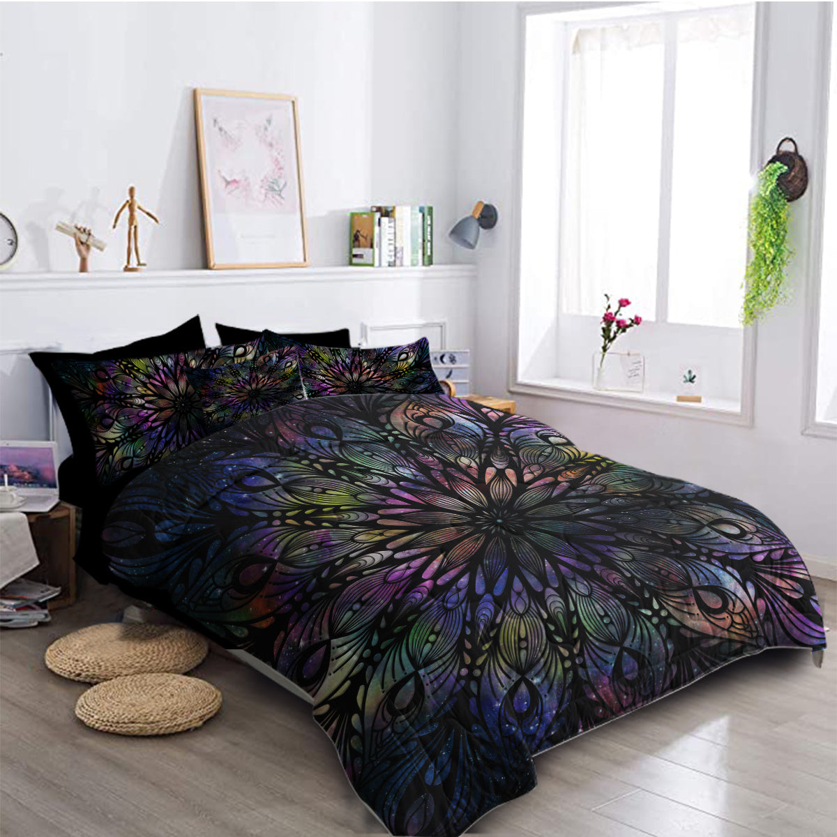 HKM-826899 King Size 8-Piece Mandala Flowers Microfiber Comforter Set with Pillow, Flat Sheet, Fitted Sheet, and Cushion Covers