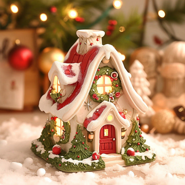HKM-827027 Luminous Snow House Aromatherapy Burner - Mini Resin Home Decor Ornament