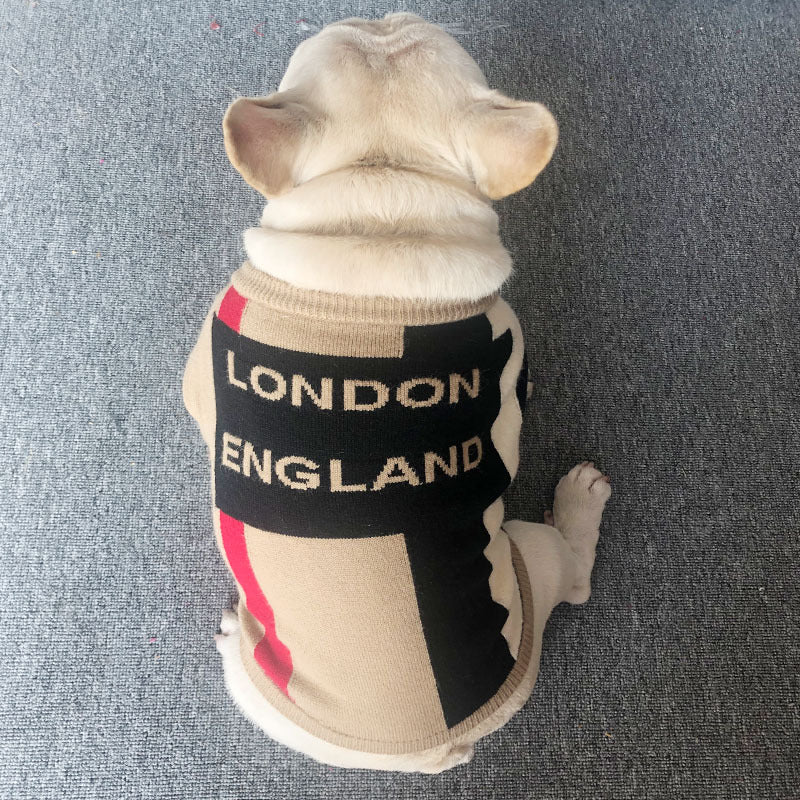 HKM-8272061 Khaki Wool Crew Neck Sweater with British Check Pattern for Dogs