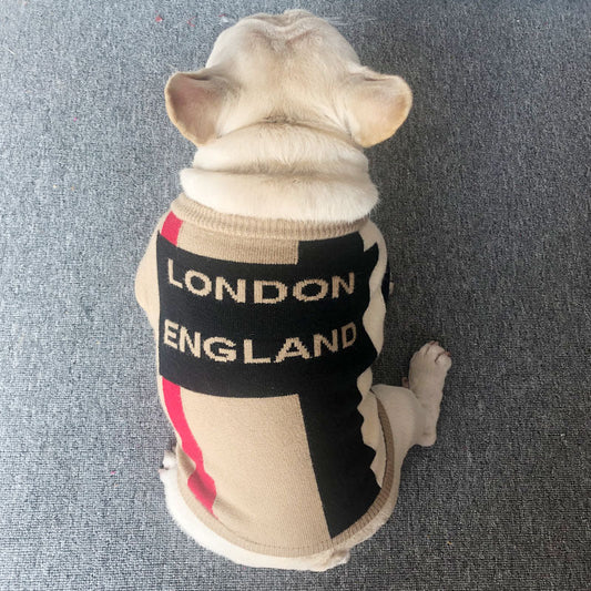 HKM-8272061 Khaki Wool Crew Neck Sweater with British Check Pattern for Dogs