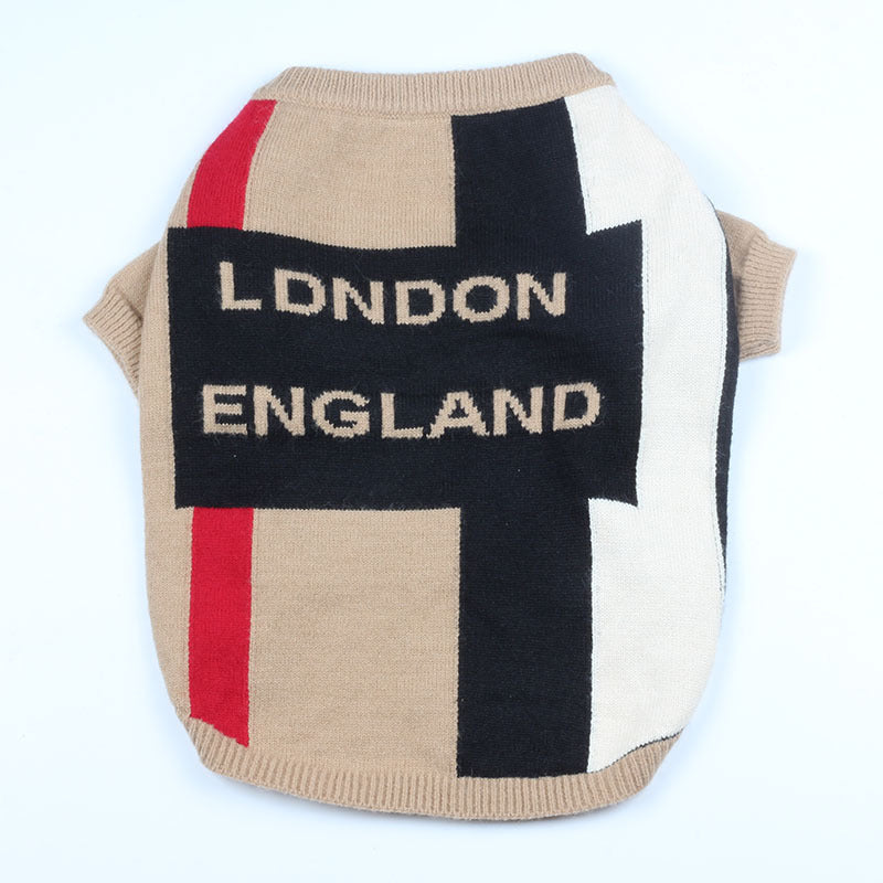HKM-8272061 Khaki Wool Crew Neck Sweater with British Check Pattern for Dogs