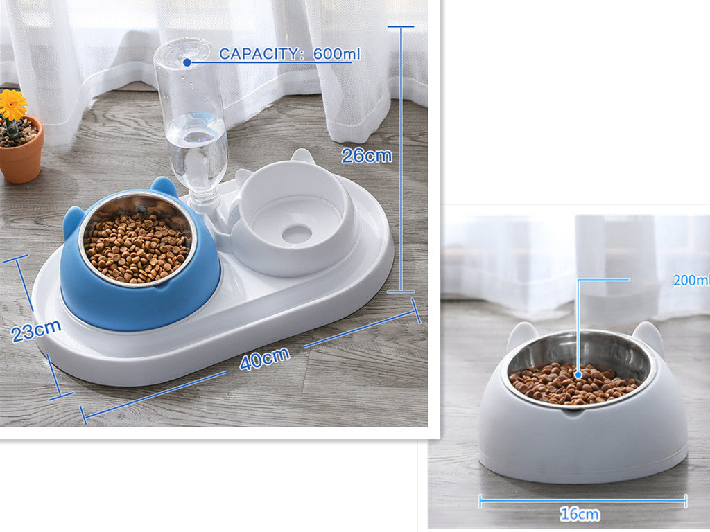 HKM-8274237 Adjustable 15¡ã Tilted Stainless Steel Pet Bowl Set for Cats and Dogs with Dual Bowls and Easy-Clean Design