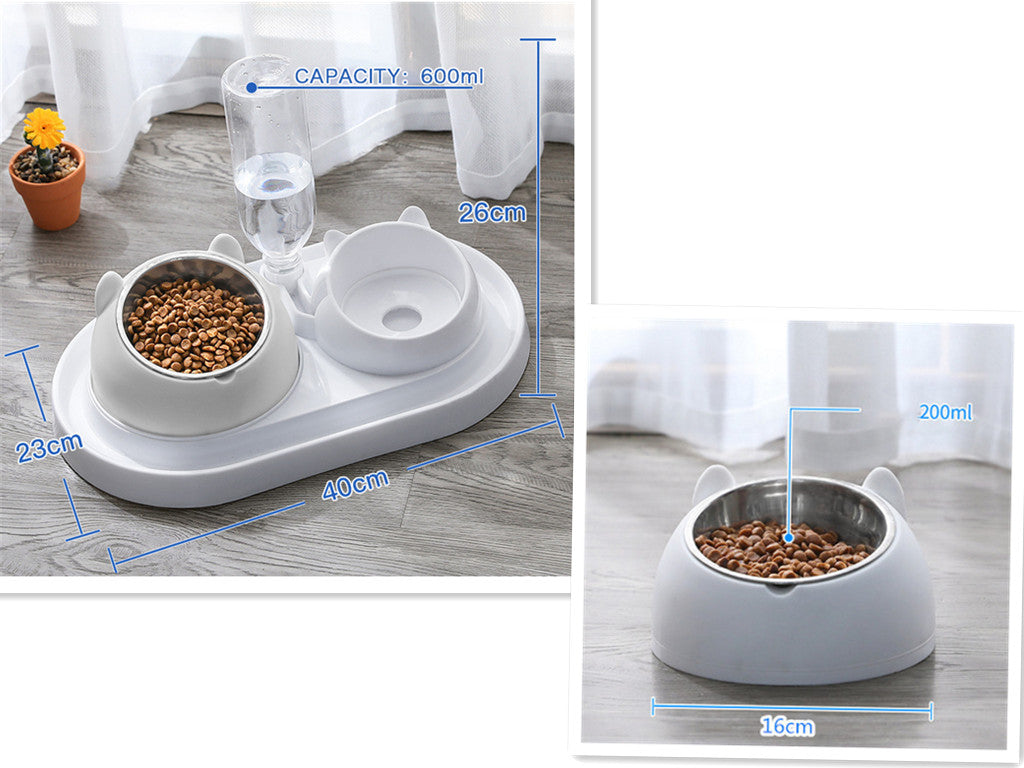 HKM-8274237 Adjustable 15¡ã Tilted Stainless Steel Pet Bowl Set for Cats and Dogs with Dual Bowls and Easy-Clean Design