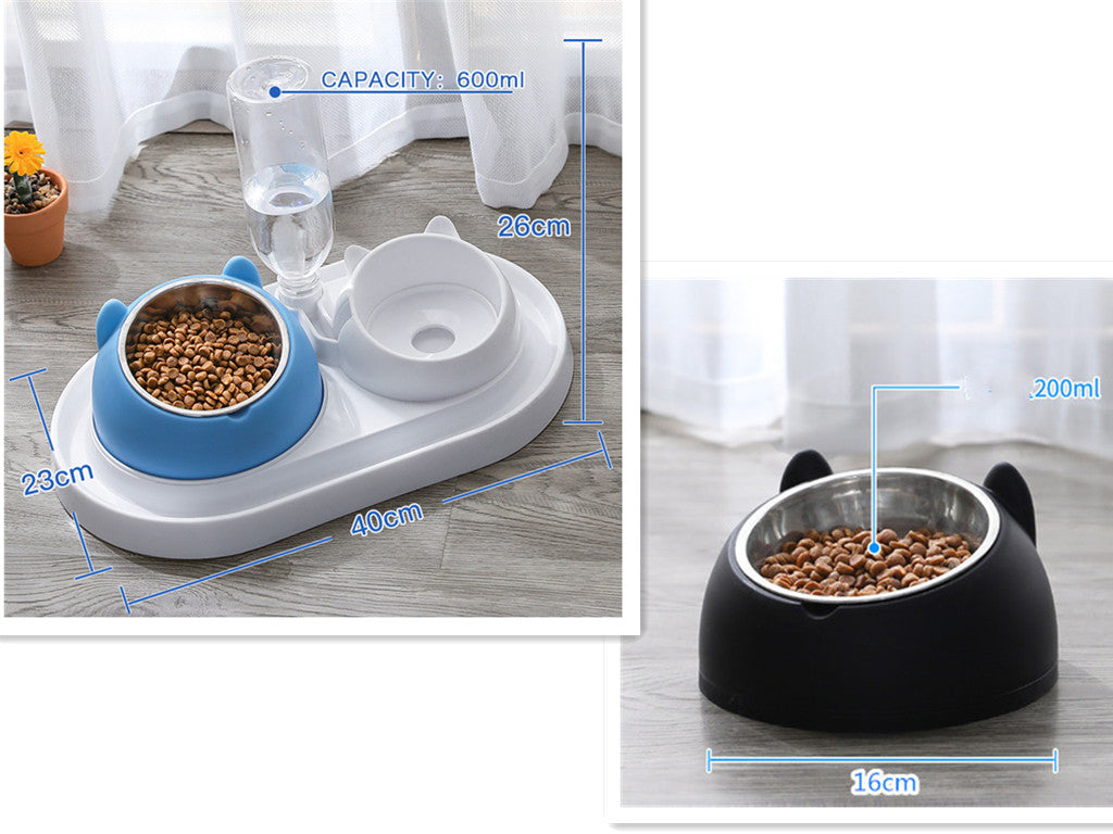 HKM-8274237 Adjustable 15¡ã Tilted Stainless Steel Pet Bowl Set for Cats and Dogs with Dual Bowls and Easy-Clean Design