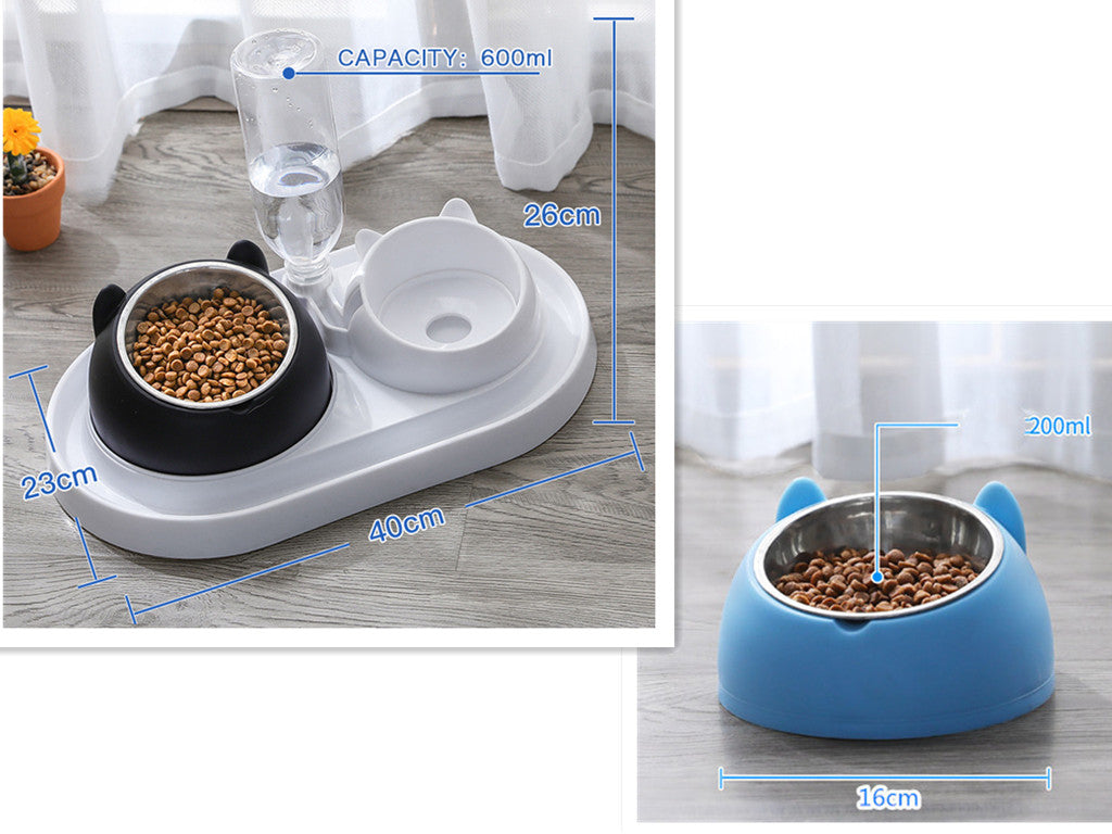 HKM-8274237 Adjustable 15¡ã Tilted Stainless Steel Pet Bowl Set for Cats and Dogs with Dual Bowls and Easy-Clean Design