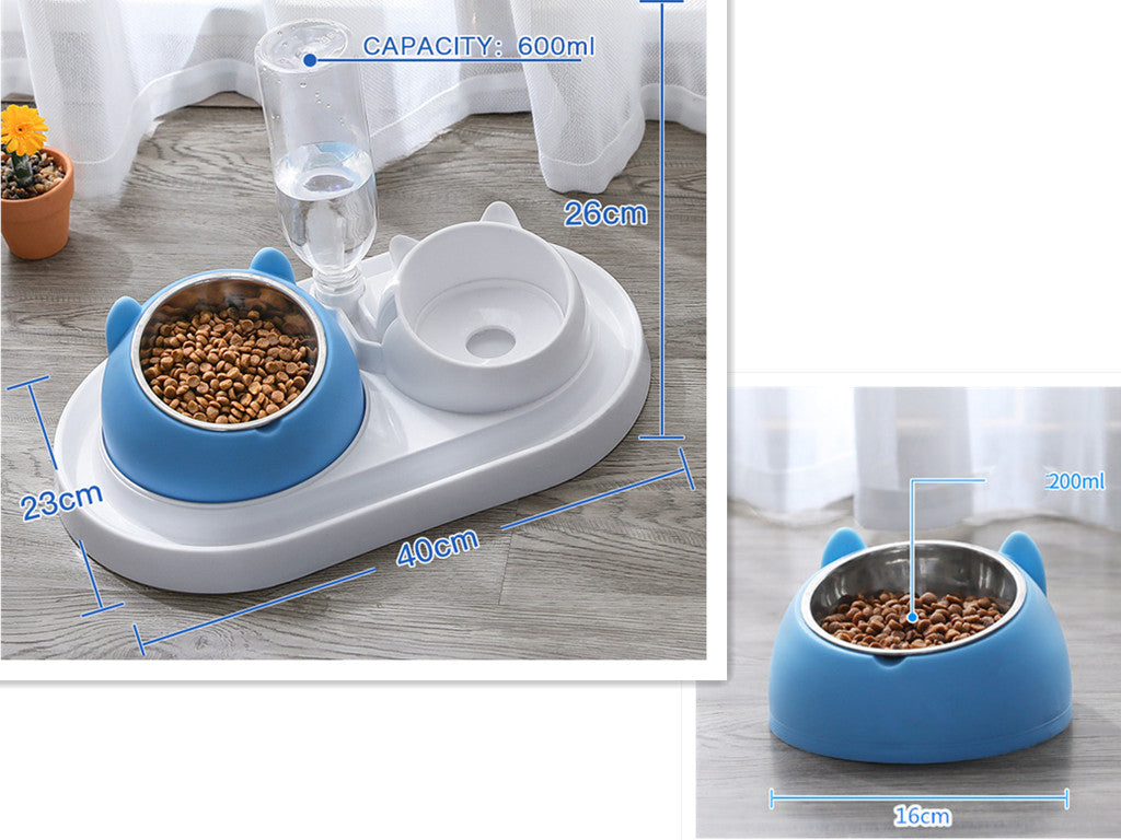 HKM-8274237 Adjustable 15¡ã Tilted Stainless Steel Pet Bowl Set for Cats and Dogs with Dual Bowls and Easy-Clean Design