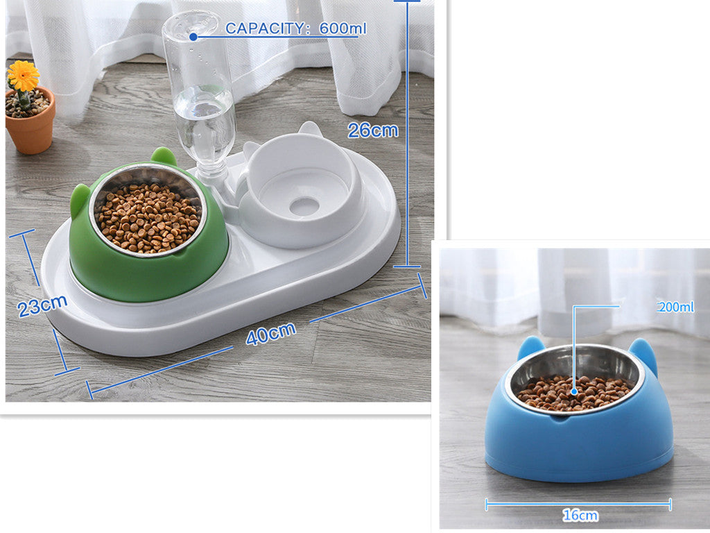 HKM-8274237 Adjustable 15¡ã Tilted Stainless Steel Pet Bowl Set for Cats and Dogs with Dual Bowls and Easy-Clean Design
