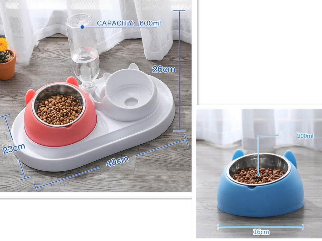 HKM-8274237 Adjustable 15¡ã Tilted Stainless Steel Pet Bowl Set for Cats and Dogs with Dual Bowls and Easy-Clean Design