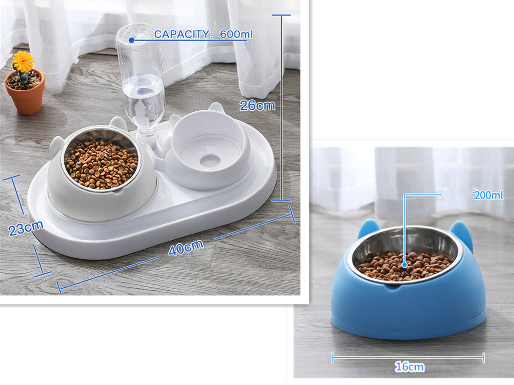 HKM-8274237 Adjustable 15¡ã Tilted Stainless Steel Pet Bowl Set for Cats and Dogs with Dual Bowls and Easy-Clean Design