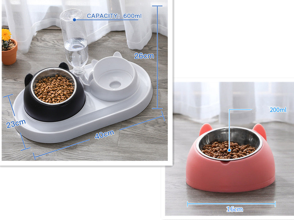 HKM-8274237 Adjustable 15¡ã Tilted Stainless Steel Pet Bowl Set for Cats and Dogs with Dual Bowls and Easy-Clean Design