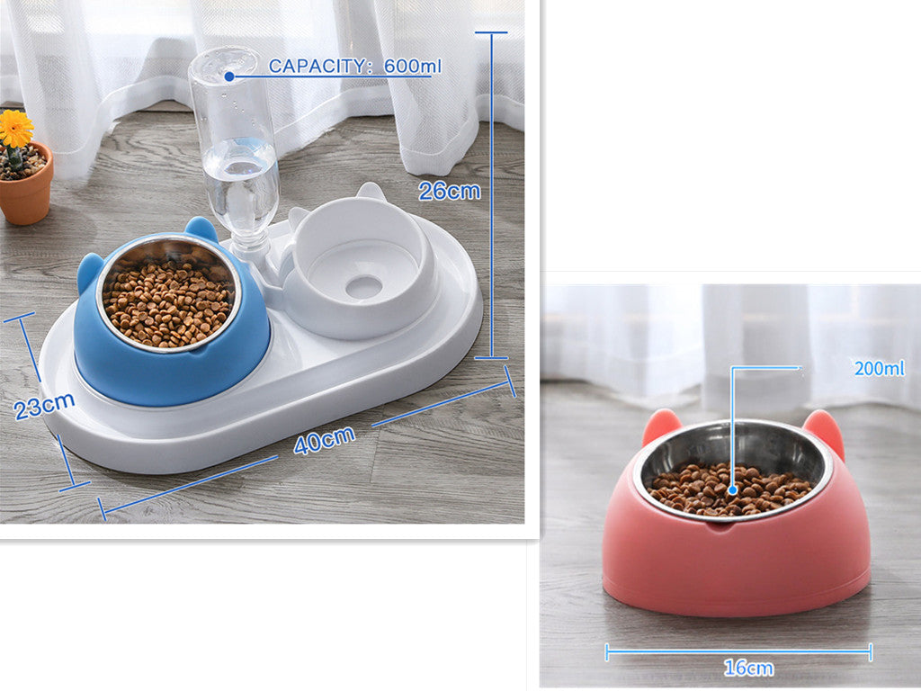 HKM-8274237 Adjustable 15¡ã Tilted Stainless Steel Pet Bowl Set for Cats and Dogs with Dual Bowls and Easy-Clean Design