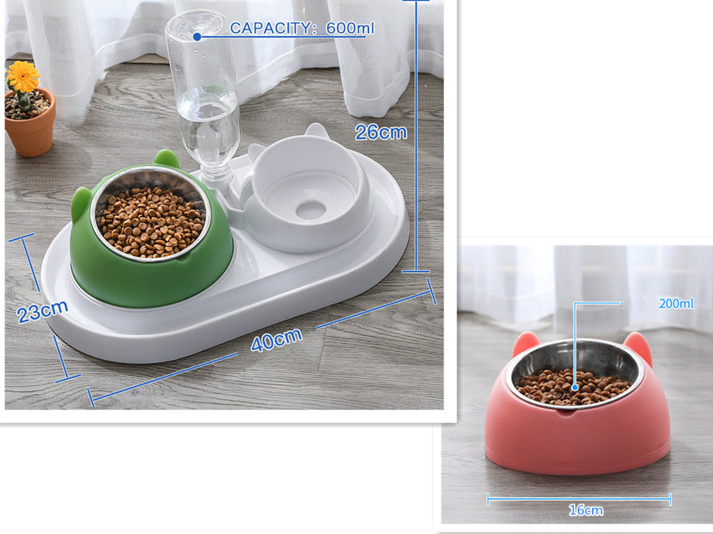 HKM-8274237 Adjustable 15¡ã Tilted Stainless Steel Pet Bowl Set for Cats and Dogs with Dual Bowls and Easy-Clean Design