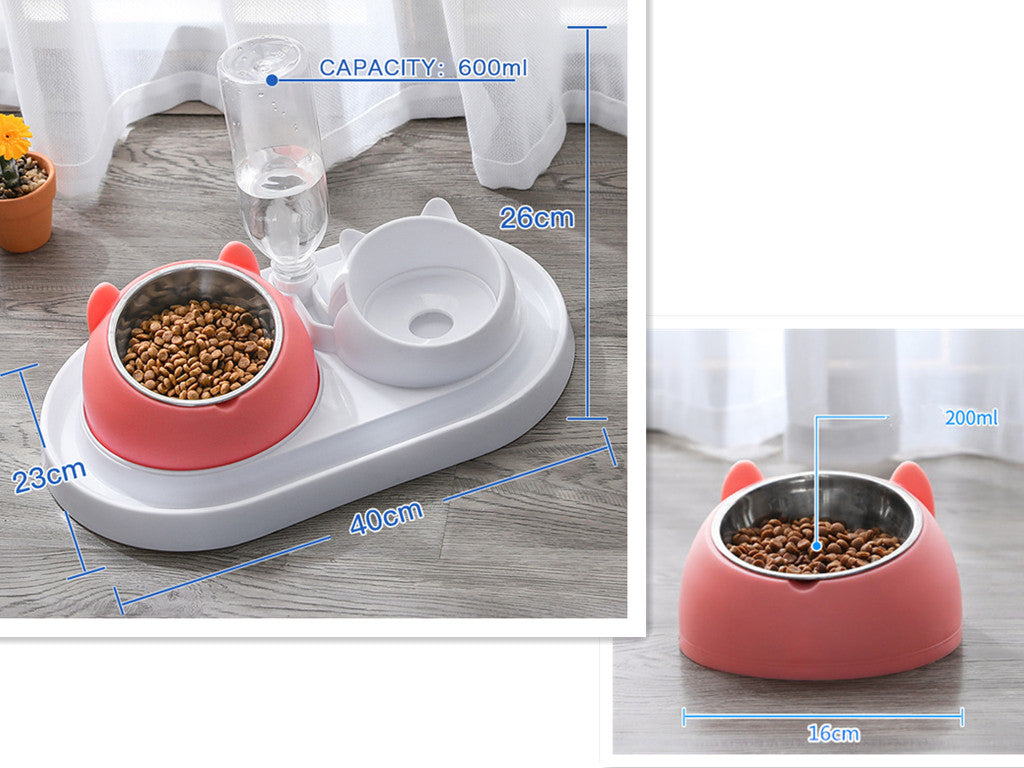 HKM-8274237 Adjustable 15¡ã Tilted Stainless Steel Pet Bowl Set for Cats and Dogs with Dual Bowls and Easy-Clean Design
