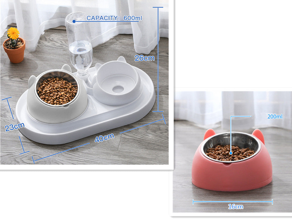 HKM-8274237 Adjustable 15¡ã Tilted Stainless Steel Pet Bowl Set for Cats and Dogs with Dual Bowls and Easy-Clean Design