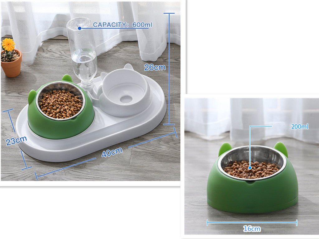 HKM-8274237 Adjustable 15¡ã Tilted Stainless Steel Pet Bowl Set for Cats and Dogs with Dual Bowls and Easy-Clean Design