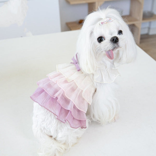 HKM-8274621 Gradient Color Cake Dress for Pets - Stylish Polyester Dog Clothing in Taro Bobo and Raw Latte, Sizes 2XS to 3XL