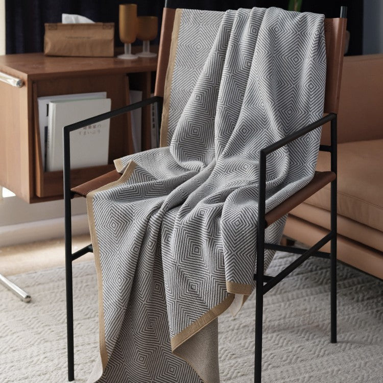 HKM-827475 Cozy Gray Knitted Chenille Wool Blanket with Geometric Pattern - Multiple Sizes Available