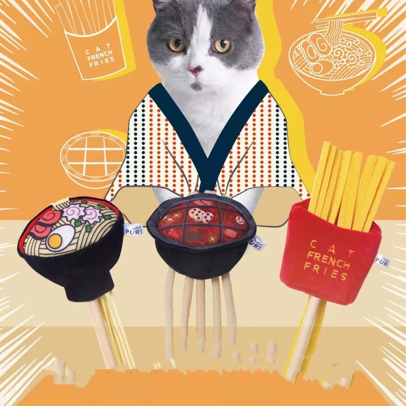 HKM-8276285 Plush Hot Pot Ramen and French Fries Cat Stick Toy for Interactive Play