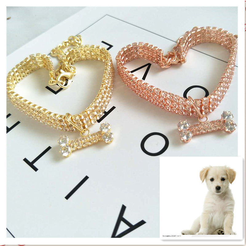 HKM-8281789 Three-Drain Drill Zircon Bone Pet Collar in Gold and Rose Gold, Copper with Rhinestones, All Seasons Style